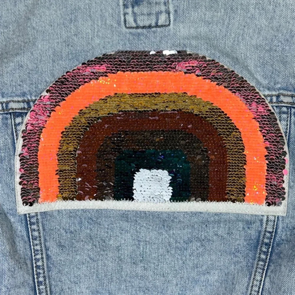 Gap Kids Denim Jacket Girls Size Large Rainbow Sequin‎ Patch Flip Sequins